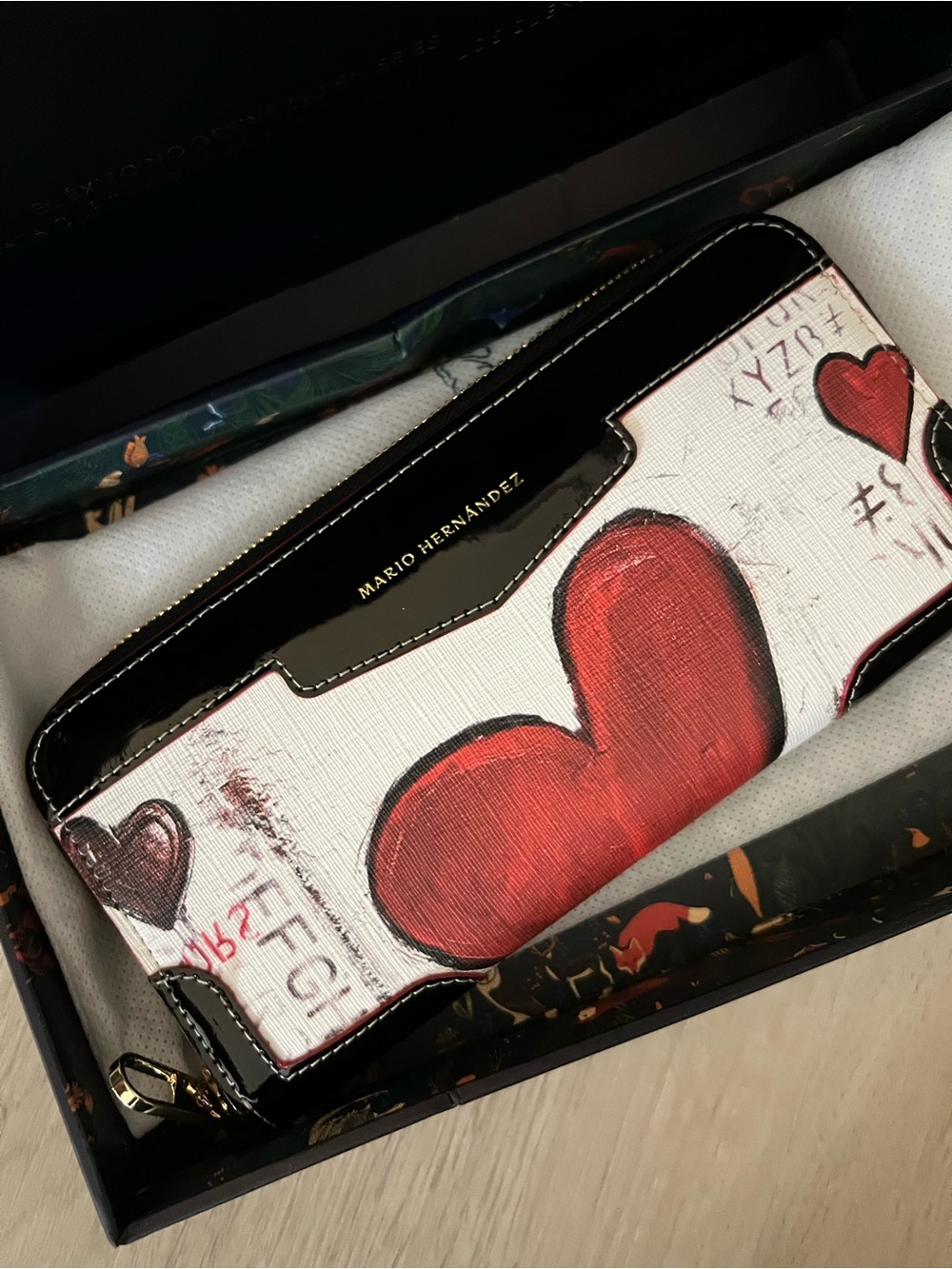 Mario Hernandez White Wallet with Red Heart Print